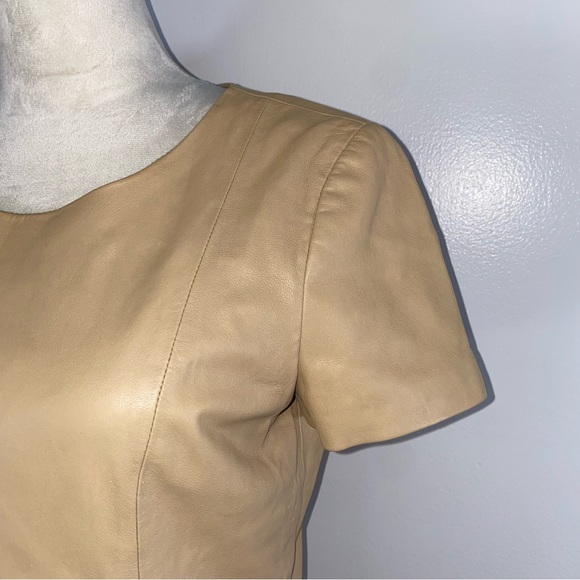 DKNY 100% lambs skin peplum short sleeve top size 6 tan - Picture 6 of 11